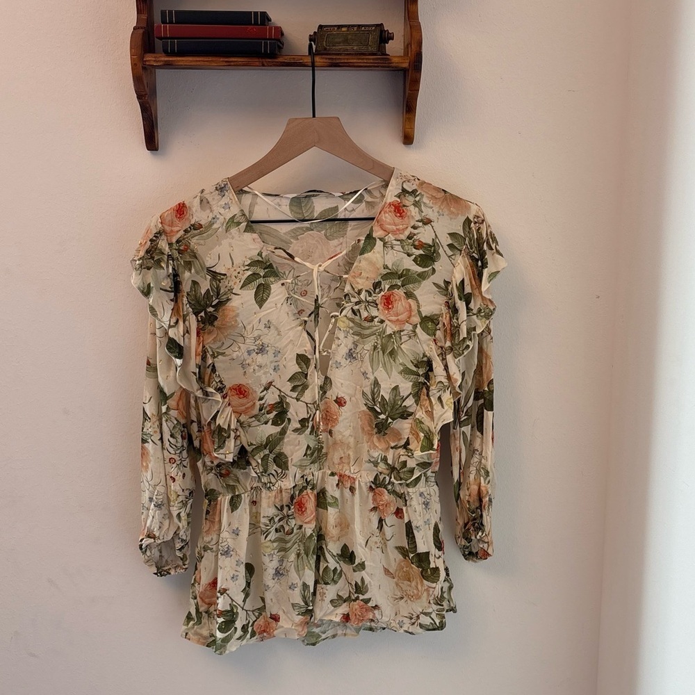 ZARA Floral Blouse with Front Ties, Ruffle Details & Peplum Hem (Size M)